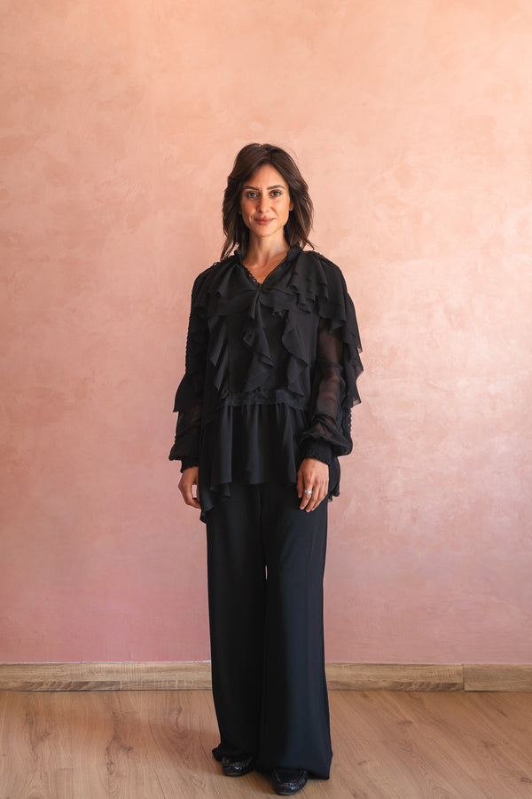 Chiffon Ruffled Blouse With Lace Trim In Black