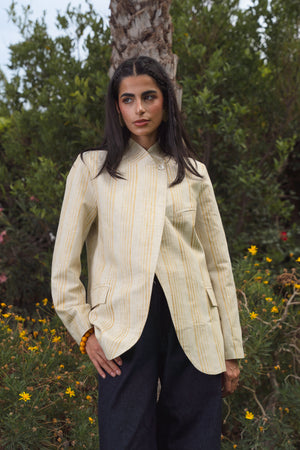 Striped Linen Asymmetric Blazer in Pistachio X Gold
