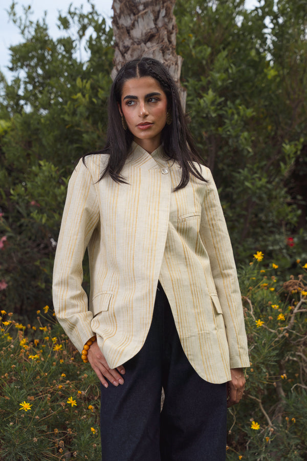 Striped Linen Asymmetric Blazer in Pistachio X Gold