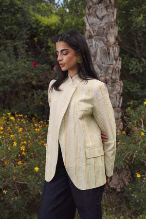 Striped Linen Asymmetric Blazer in Pistachio X Gold