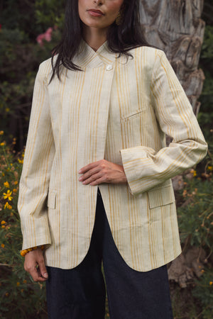 Striped Linen Asymmetric Blazer in Pistachio X Gold