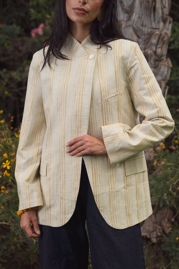 Striped Linen Asymmetric Blazer in Pistachio X Gold