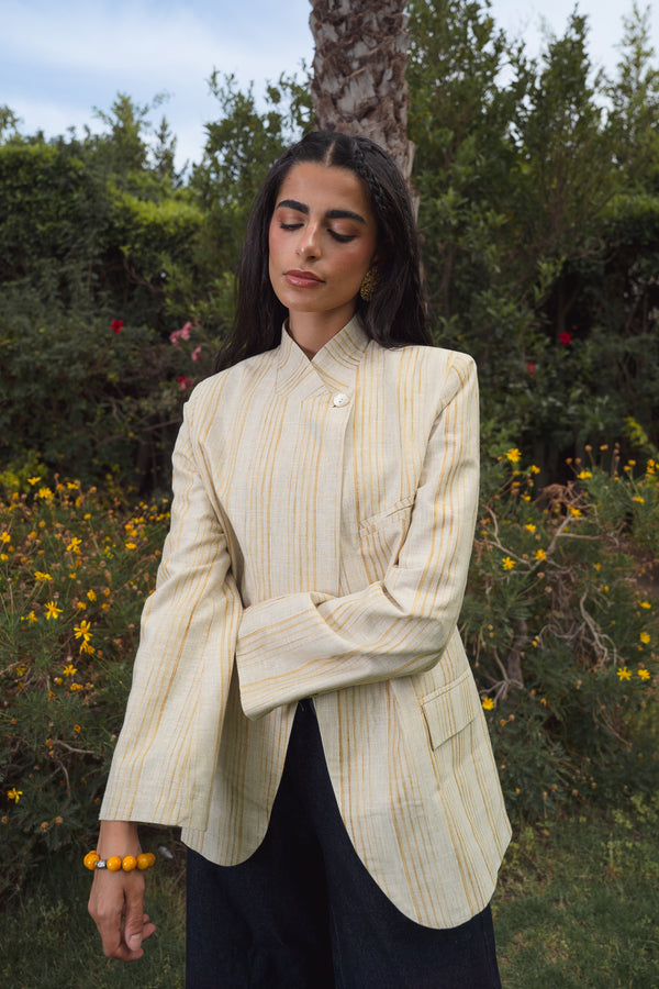 Striped Linen Asymmetric Blazer in Pistachio X Gold