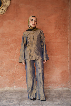 Mandarin Taffeta Set in Olive