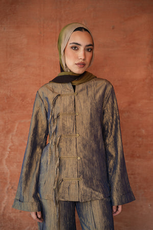 Mandarin Taffeta Set in Olive