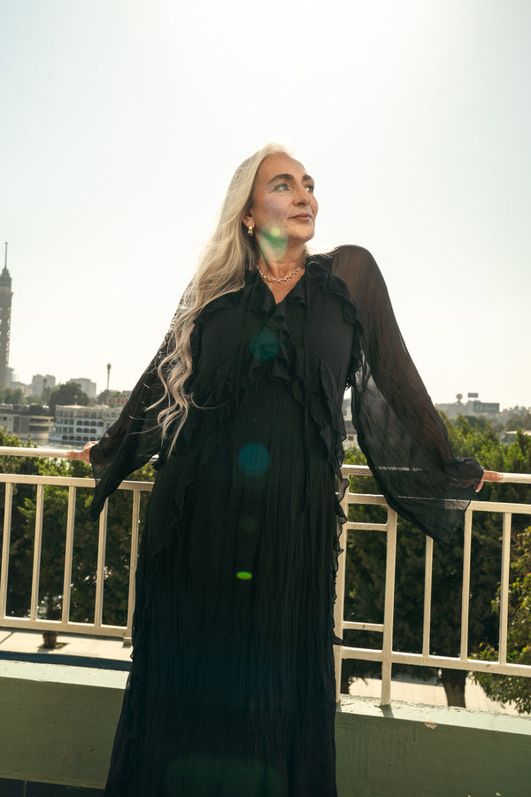 Ruffled Chiffon Dress in Black