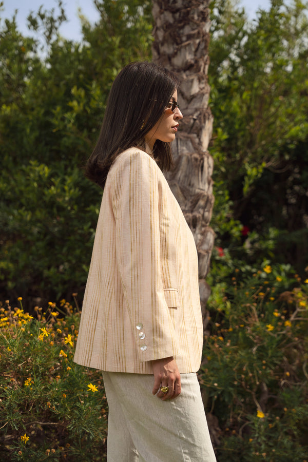 Striped Linen Asymmetric Blazer in Salmon X Gold