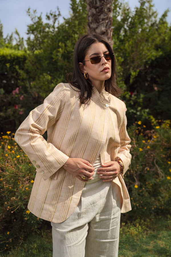 Striped Linen Asymmetric Blazer in Salmon X Gold