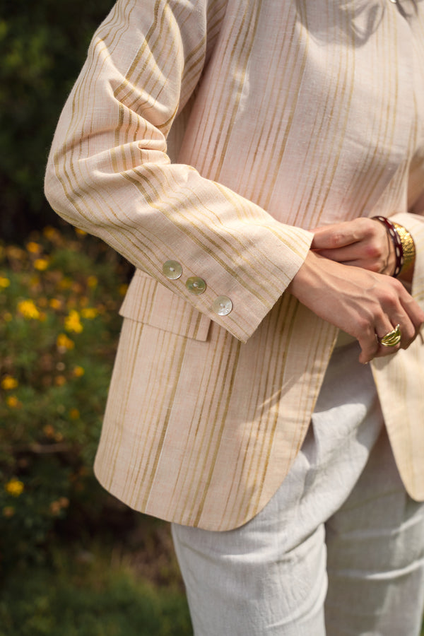 Striped Linen Asymmetric Blazer in Salmon X Gold