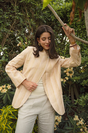 Striped Linen Asymmetric Blazer in Salmon X Gold
