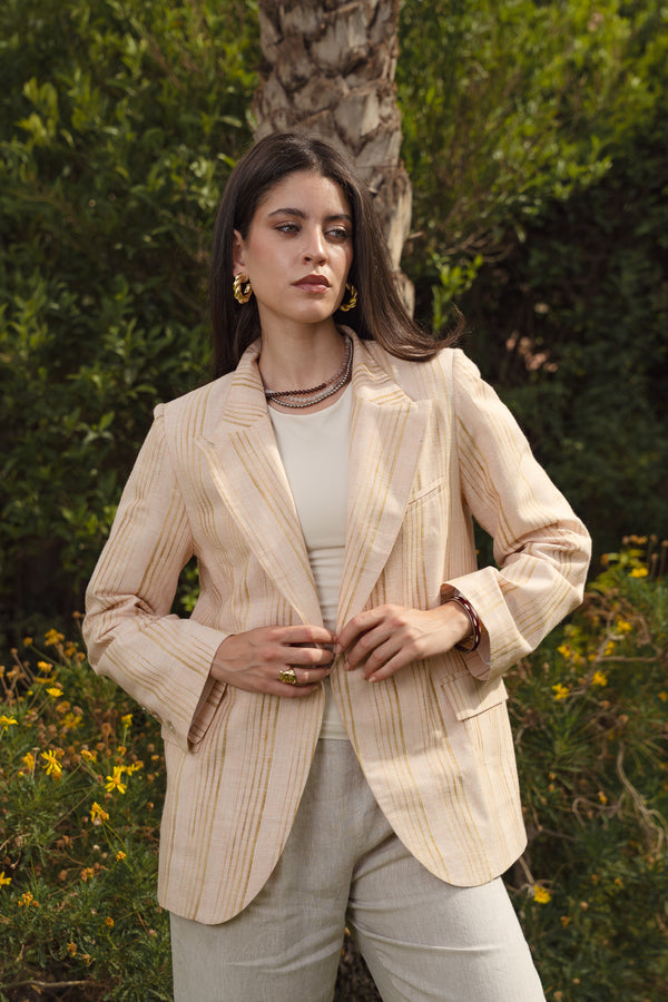 Striped Linen Asymmetric Blazer in Salmon X Gold