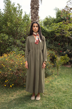 Linen Pleated Midi Dress in Olive
