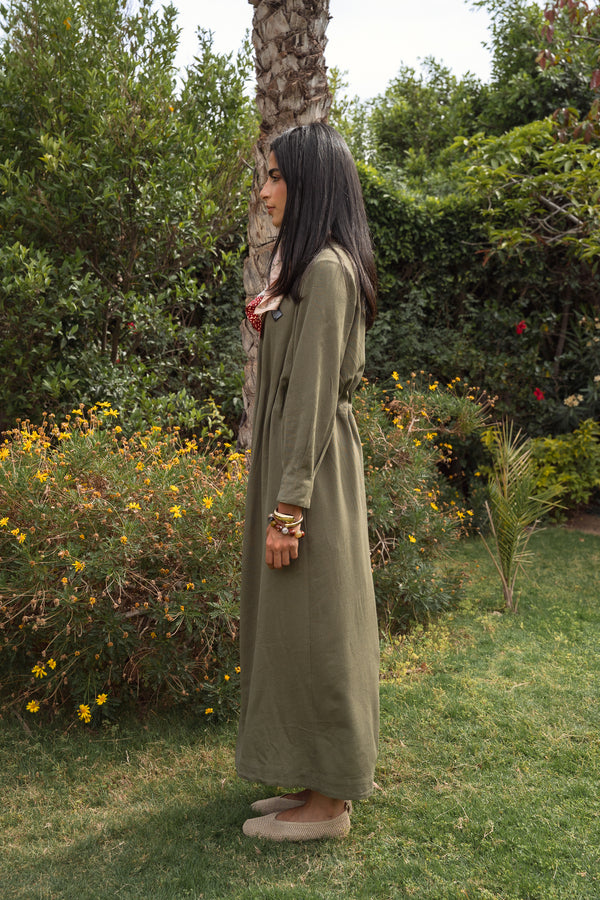 Linen Pleated Midi Dress in Olive
