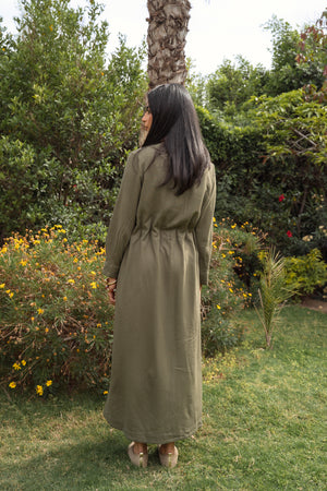 Linen Pleated Midi Dress in Olive