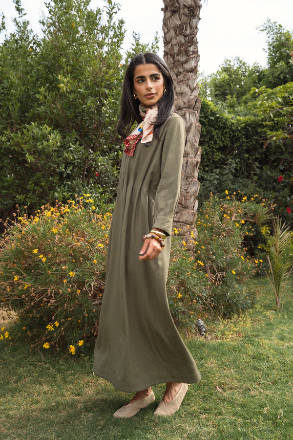 Linen Pleated Midi Dress in Olive