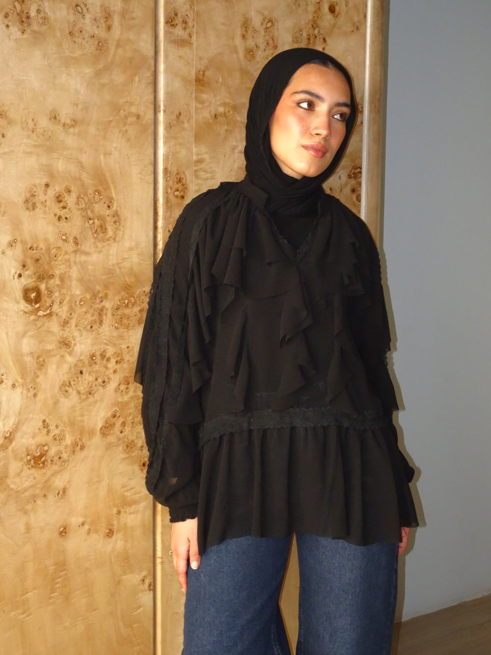 Chiffon Ruffled Blouse With Lace Trim In Black