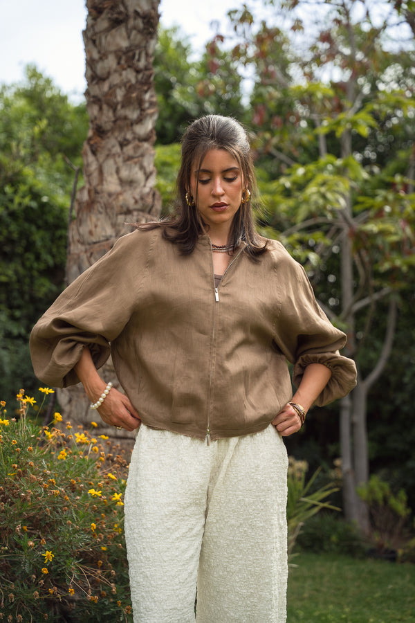 Linen Bomber Jacket in Light Brown