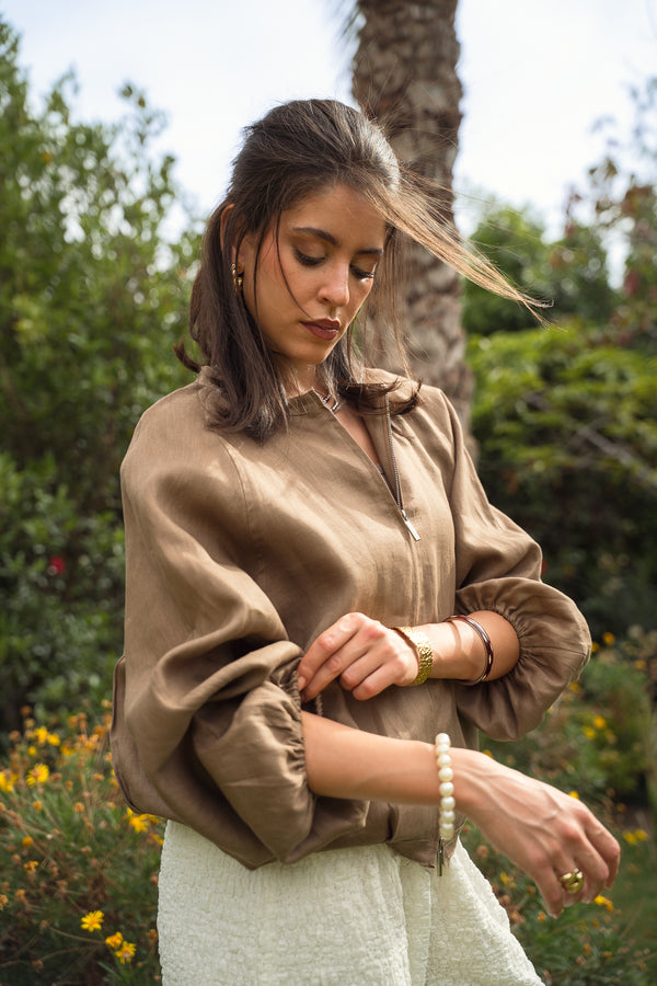 Linen Bomber Jacket in Light Brown