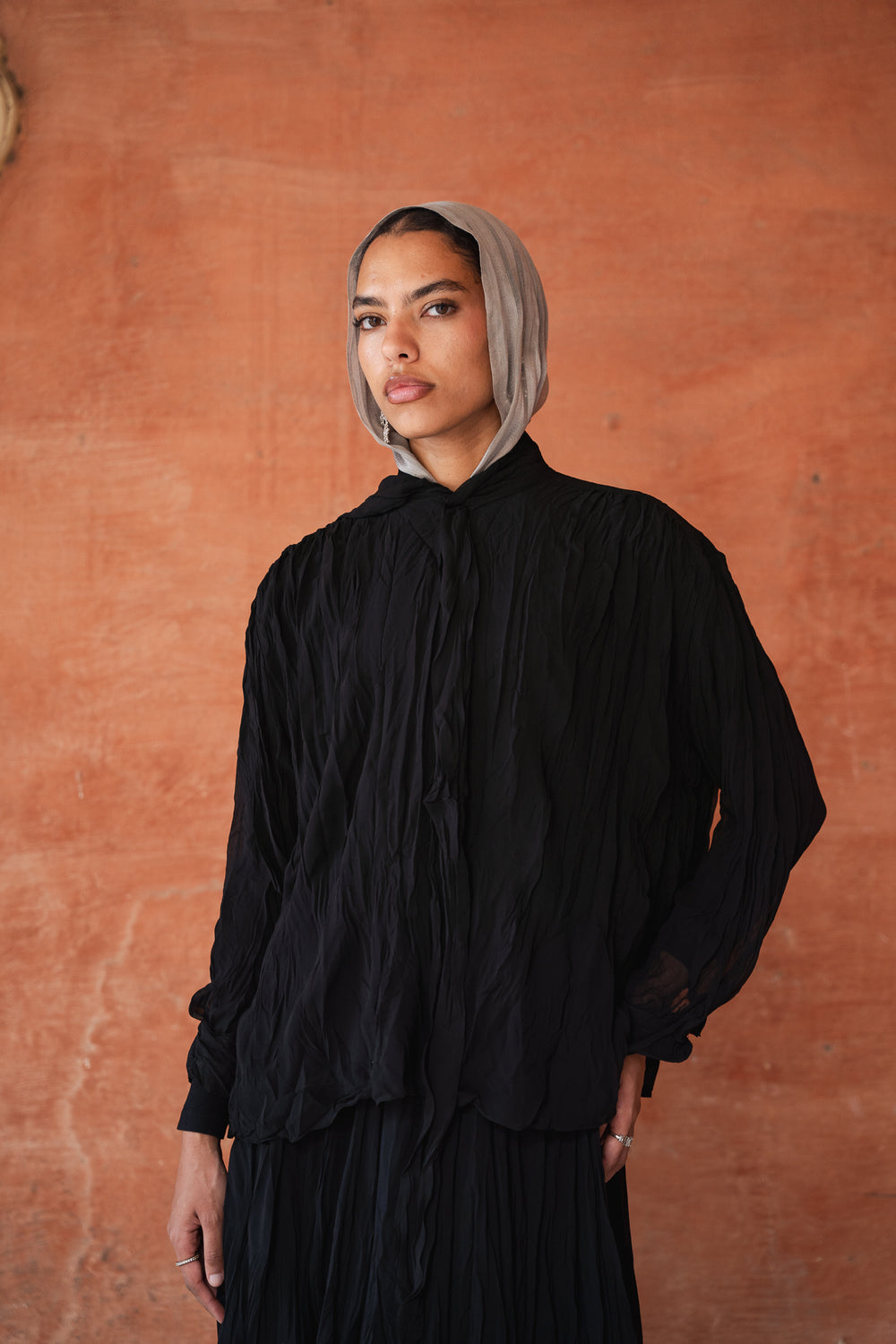 Crinkled Chiffon Top in Black