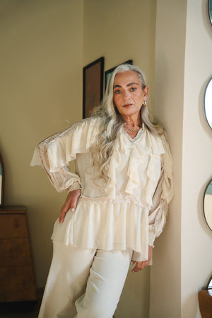 Chiffon Ruffled Blouse With Lace Trim In Beige