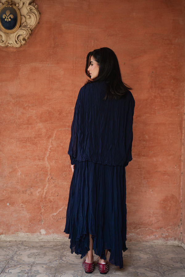 Crinkled Chiffon Top in Navy