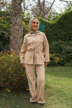 Crinkled Front Tie Set in Beige