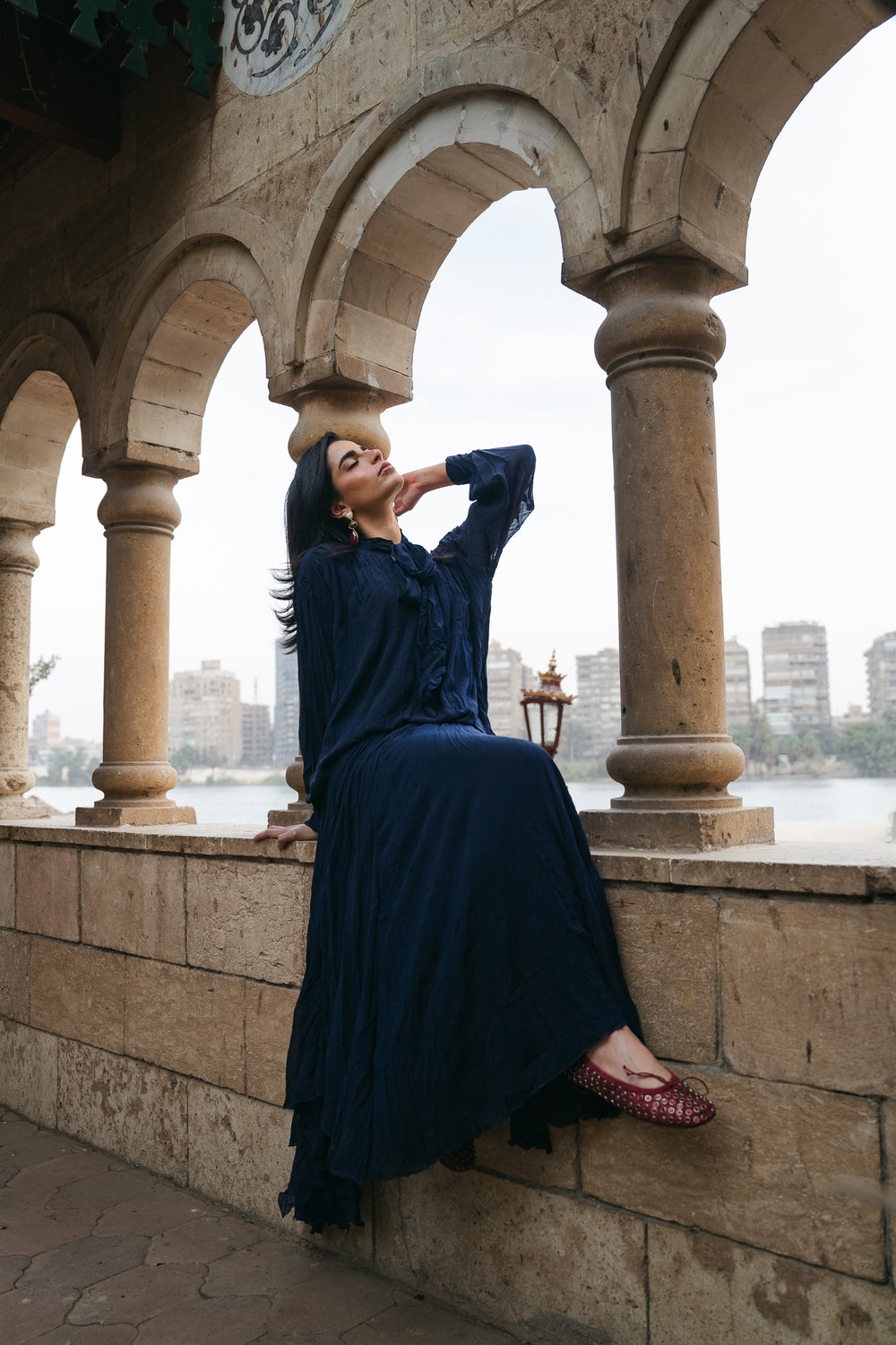 Crinkled Chiffon Skirt in Navy