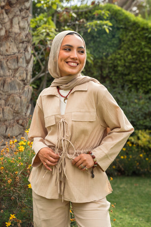 Crinkled Front Tie Set in Beige