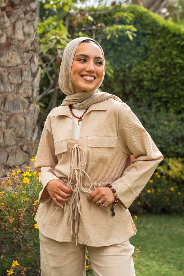 Crinkled Front Tie Set in Beige