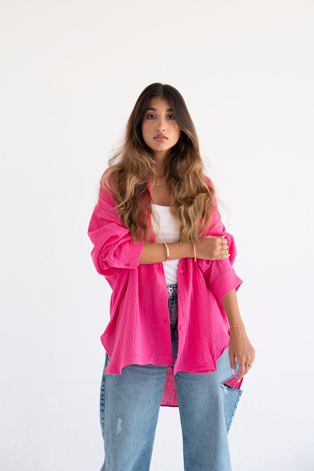 Cotton Muslin Shirt in Fuchsia