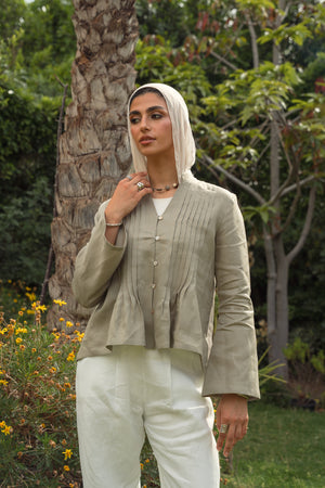 Pleated Linen Shirt in Olive