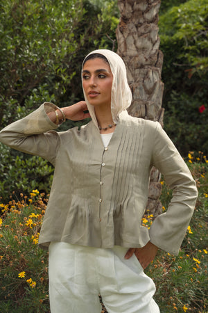 Pleated Linen Shirt in Olive