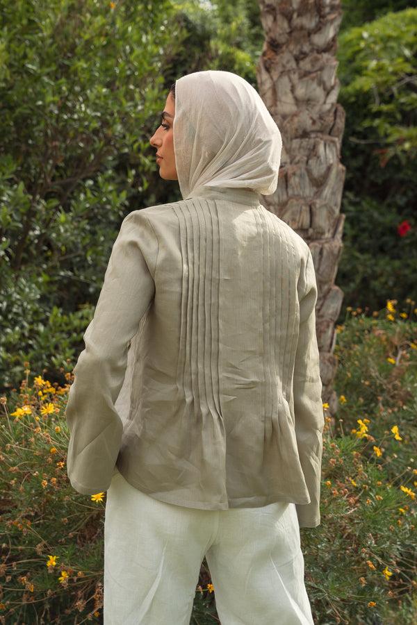 Pleated Linen Shirt in Olive