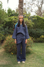 Linen Overskirt Wrap Pants in Navy