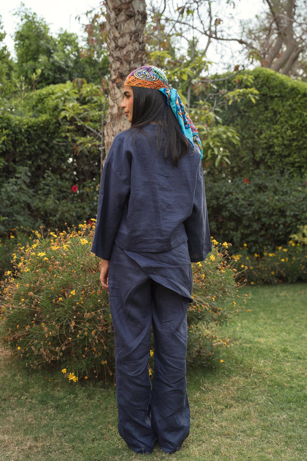 Linen Overskirt Wrap Pants in Navy