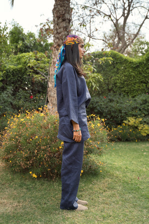 Linen Overskirt Wrap Pants in Navy