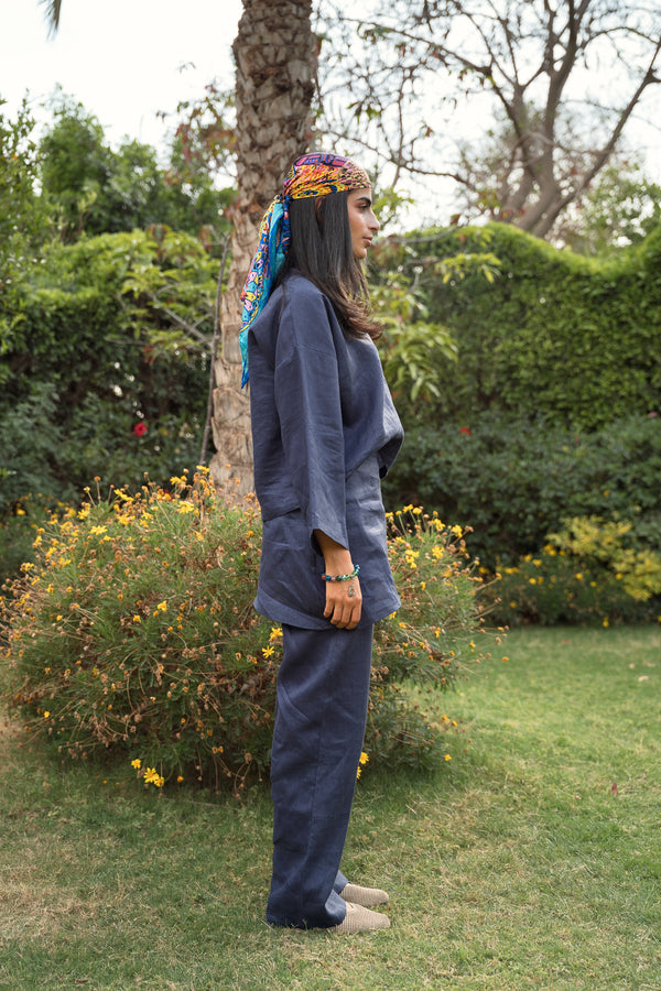 Linen Overskirt Wrap Pants in Navy