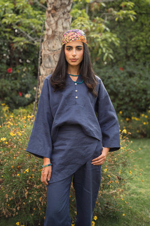 Linen Overskirt Wrap Blouse in Navy