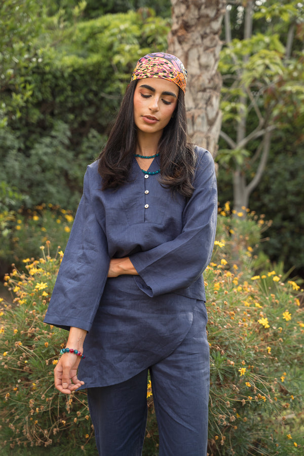 Linen Overskirt Wrap Blouse in Navy