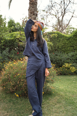 Linen Overskirt Wrap Pants in Navy
