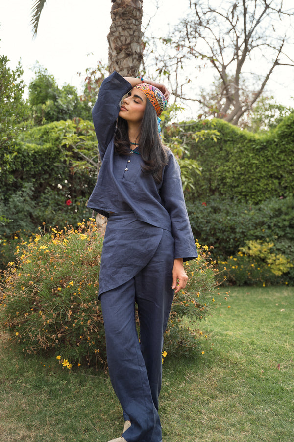 Linen Overskirt Wrap Pants in Navy