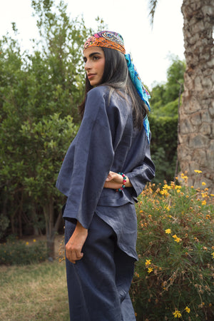 Linen Overskirt Wrap Blouse in Navy