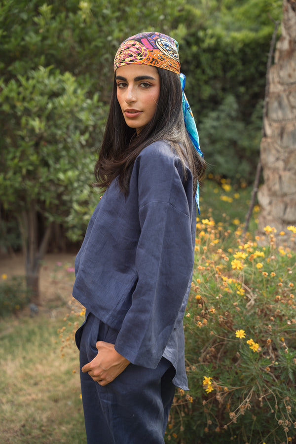 Linen Overskirt Wrap Blouse in Navy