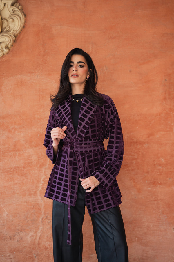 Patterned Velvet Kimono in Dark Purple
