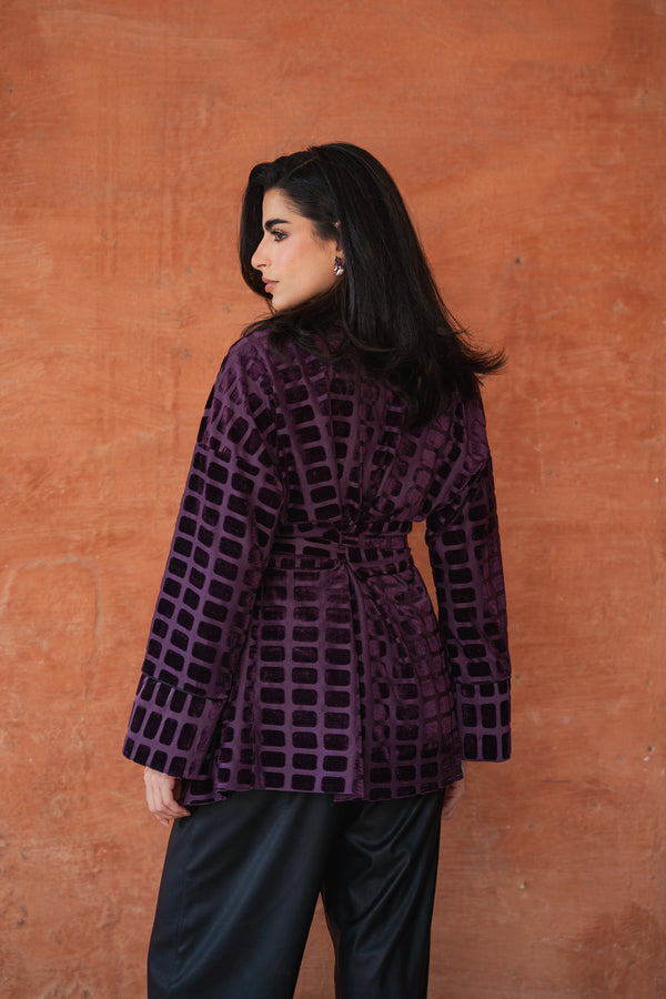 Patterned Velvet Kimono in Dark Purple