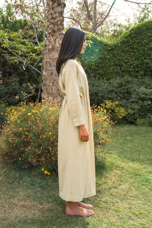 Linen Pleated Midi Dress in Beige