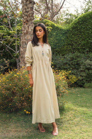 Linen Pleated Midi Dress in Beige