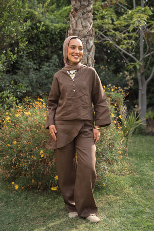 Linen Overskirt Wrap Blouse in Brown