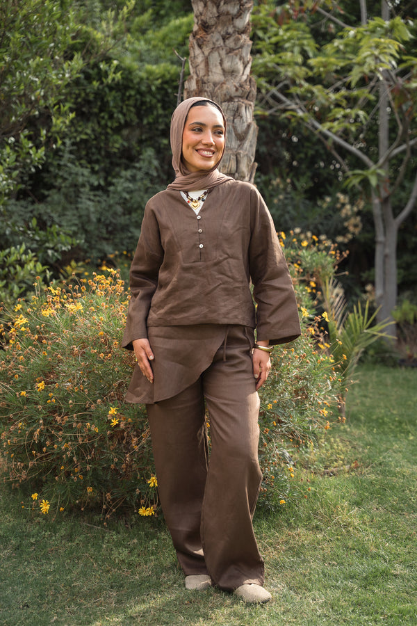 Linen Overskirt Wrap Blouse in Brown