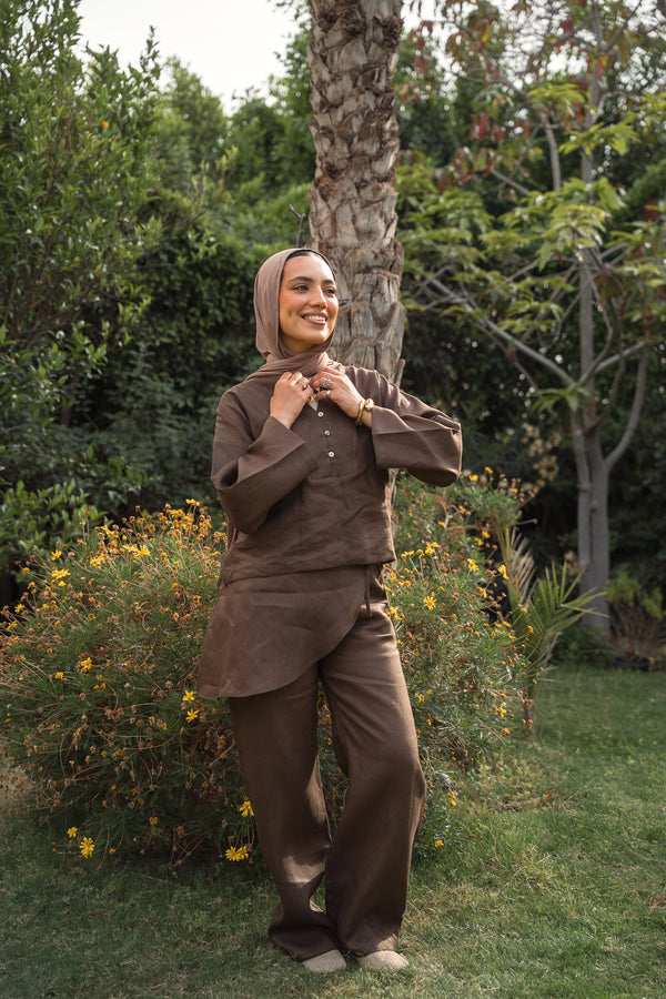 Linen Overskirt Wrap Blouse in Brown